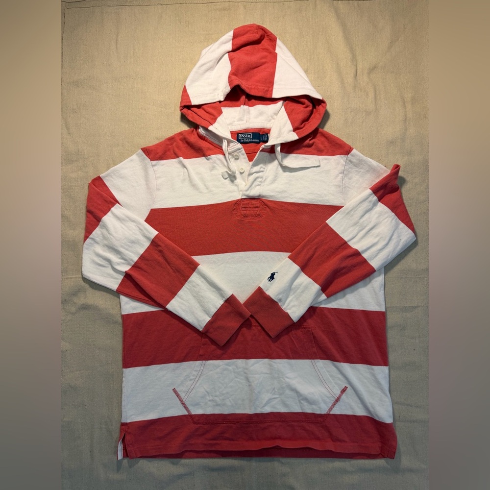 Polo Ralph Lauren Men's Striped Jersey Hooded Rugby Shirt Hoodie Red Size Large